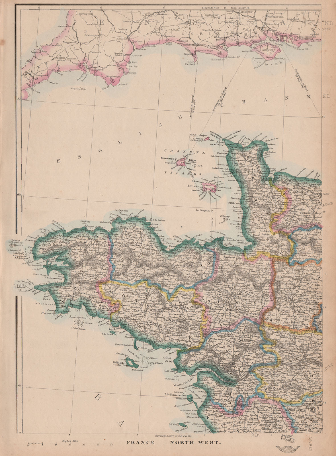 FRANCE NORTH WEST. Brittany Bretagne Normandy Normandie Loire.JW LOWRY 1863 map